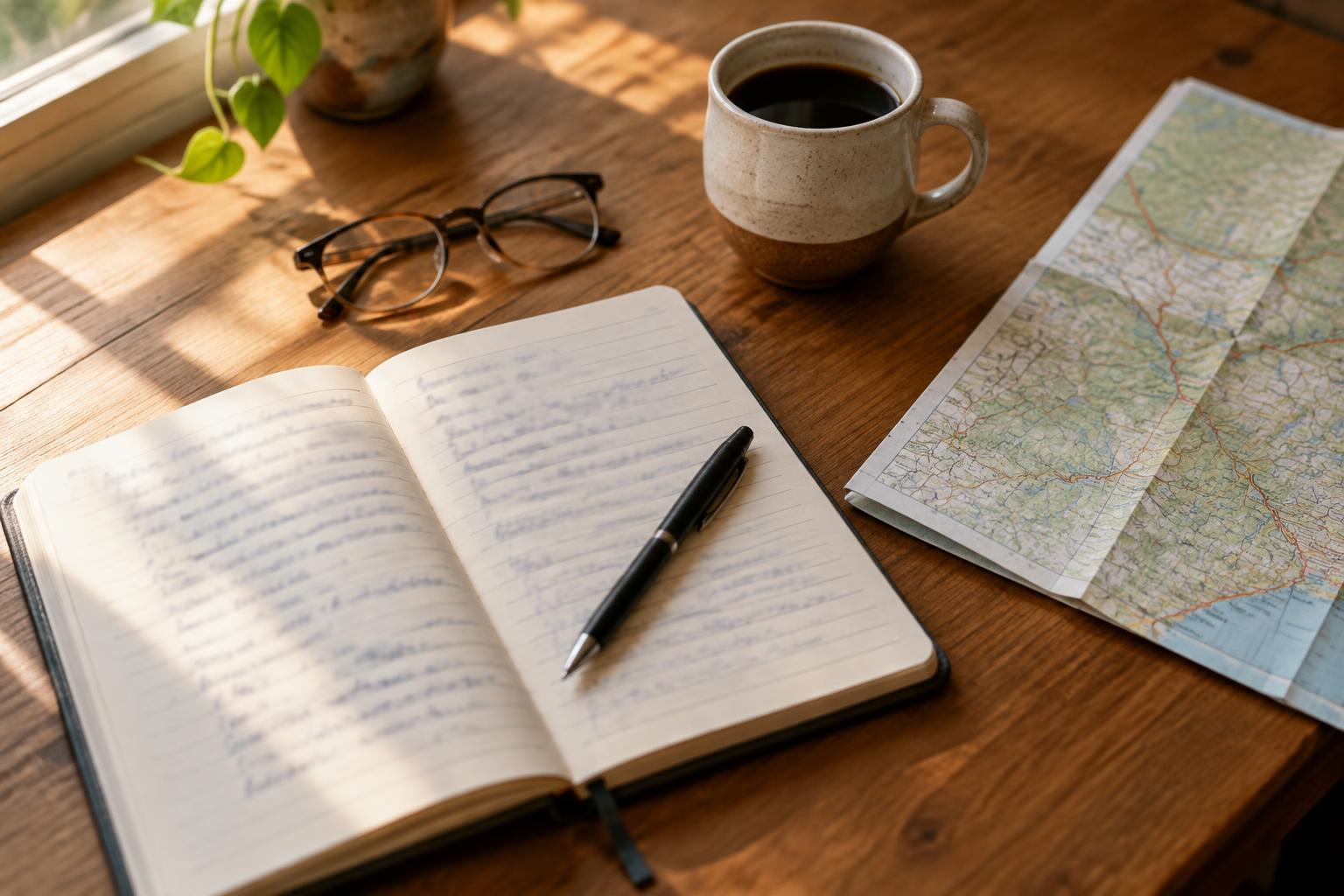 A notebook, coffee, reading glasses and a folded map on a wooden desk