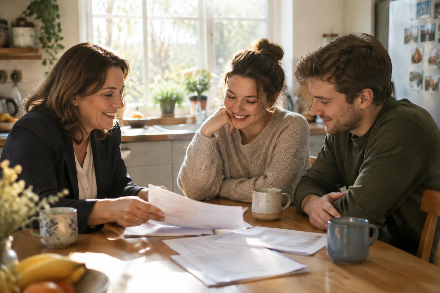 An insurance agent going over paperwork with a young couple at a kitchen table