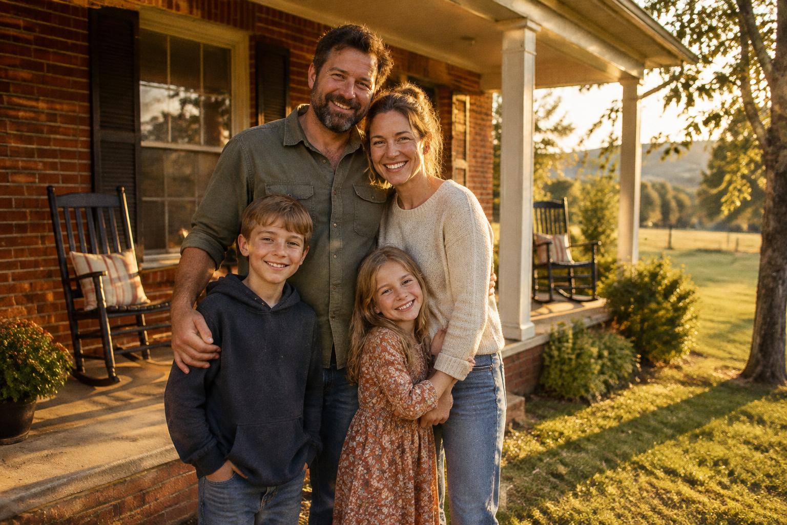 A family standing together on the front porch of a brick home