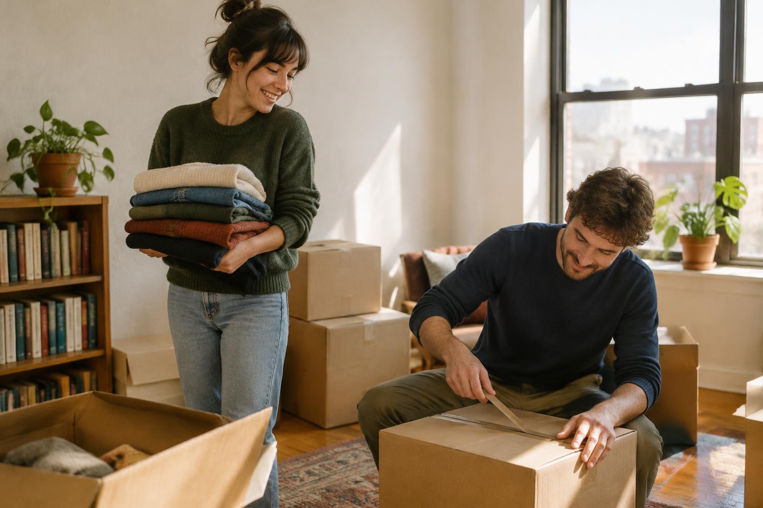 Two people unpacking boxes in a bright apartment