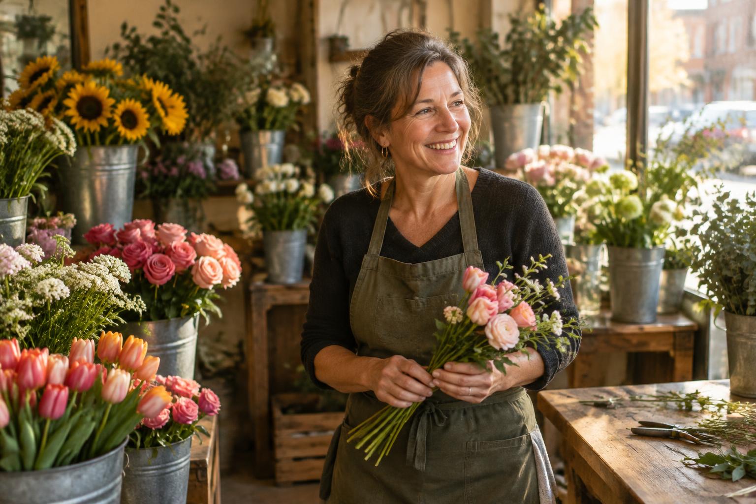A florist standing in her shop surrounded by buckets of flowers
